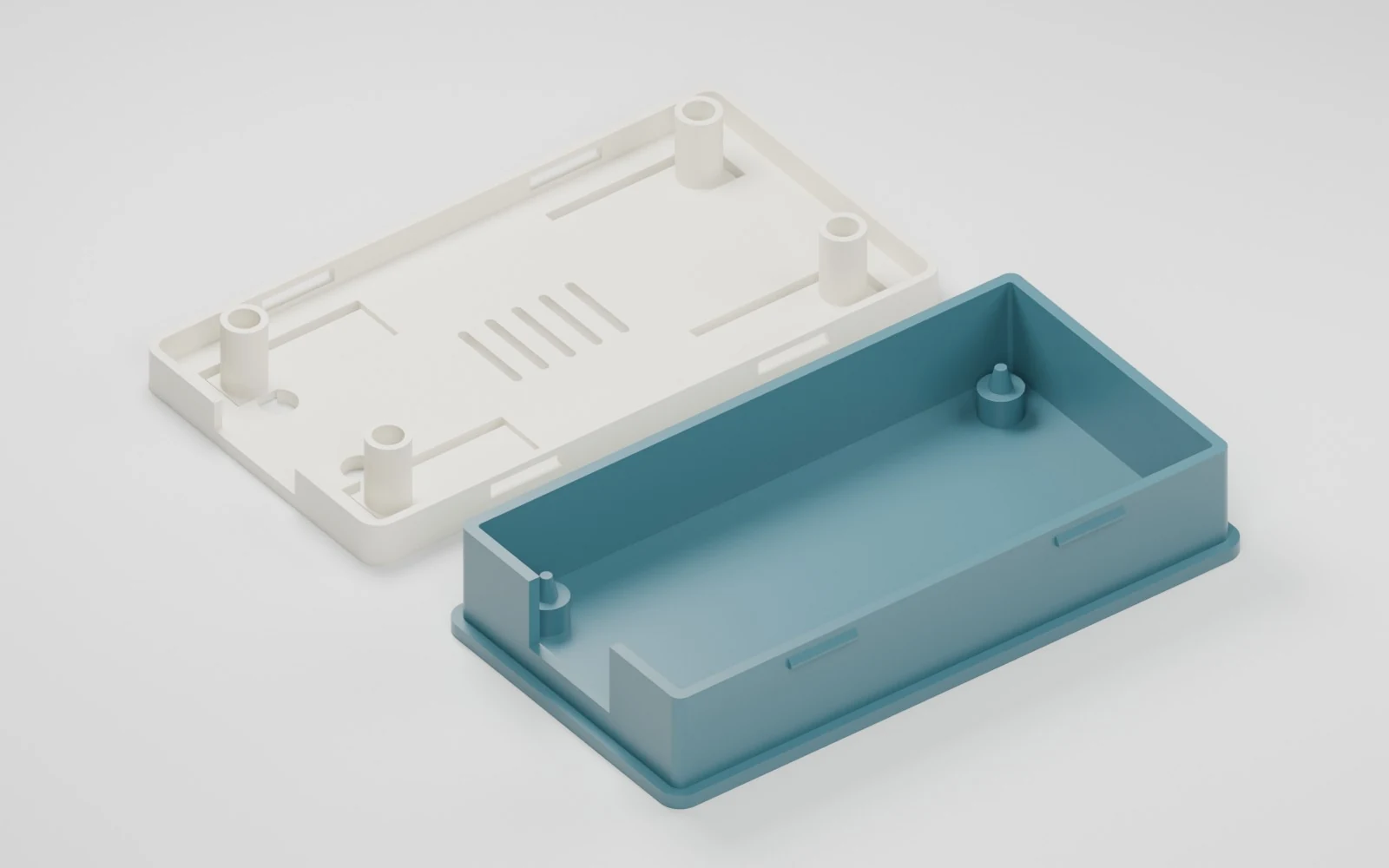 Render of the open anchor case showing locating cones in the base and board supports inside the lid.